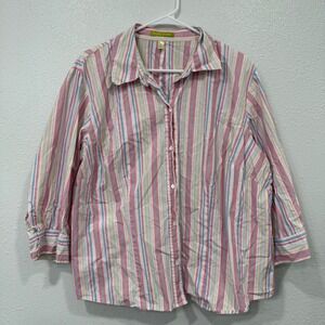 Sigrid Olsen Woman 2X Striped‎ Button Down Shirt Pink Blue Yellow 3/4 Sleeve